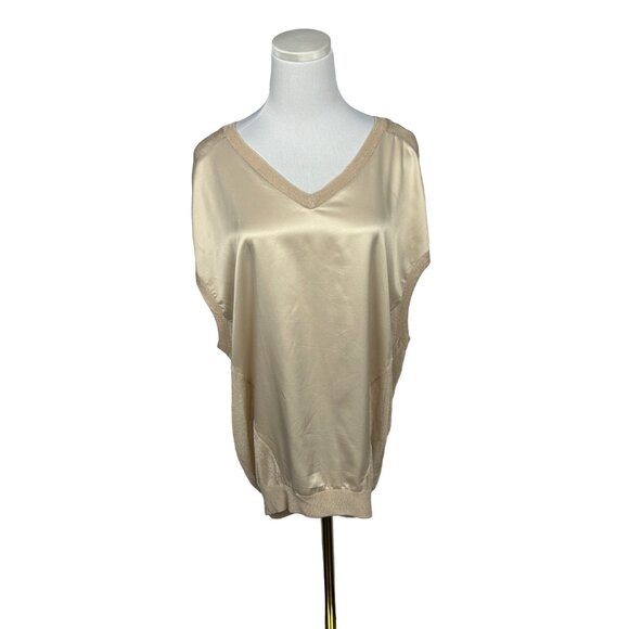 Guess Blouse Large Satin Mesh Sleeveless Pullover‎ Top Gold Beige Sheer Stretch - Picture 1 of 15